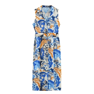 Elegant sleeveless paisley midi dress with lapel collar and belt for summer vacation