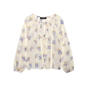 Women's Elegant Floral Chiffon Blouse Round Neck Tie Long Sleeve Loose Semi Transparent Printed Top For Summer Vacation