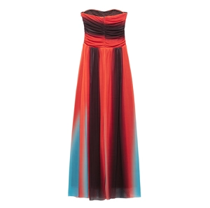 Detail of red black and blue gradient strapless maxi dress with pleated texture