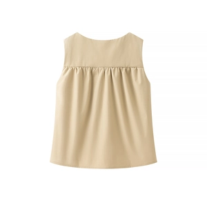 Detail view of the pleated back design and premium fabric on this sleeveless summer top