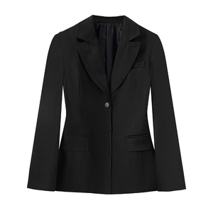 Slim fit black knitted blazer for women with double buttons and padded shoulders