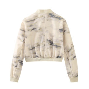 Back view of a cropped bomber jacket featuring a grey tie-dye print and ribbed edges