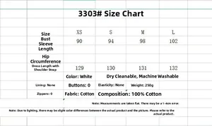 Size guide table for women's 100% cotton V-neck dress showing XS to L measurements