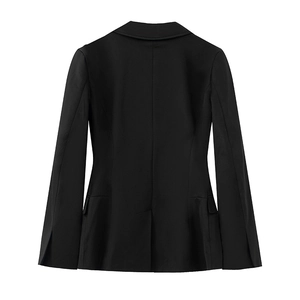 Back view of slim fit black knit blazer showing center vent and waist tailoring details