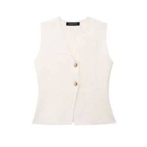 Slim fit cream white knit vest with V-neck and two decorative gold buttons