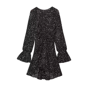 Women's V-Neck Polka Dot Long Sleeve Mini Dress With Ruffle Flare Sleeve Elegant Streetwear Chiffon Short Dress