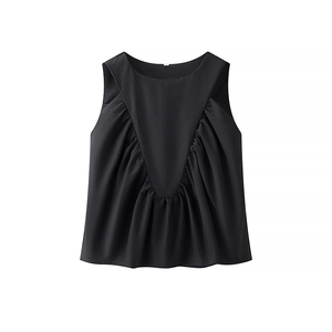 Detail of a black sleeveless top featuring V-shape pleated design and round neckline