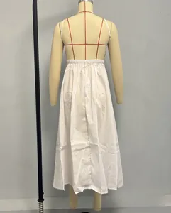 Detailed back view of a white maxi dress with an elastic waistband and minimalist design