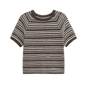 Women's casual striped short sleeve knit top with brown hollow texture and round neck