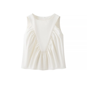 Elegant white sleeveless satin top with V-shaped pleated texture and round neckline