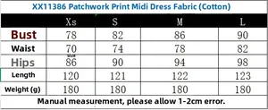 Size chart table for patchwork printed midi dress in poplin fabric with measurements