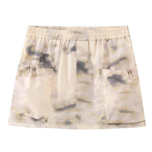 Women's summer A-line mini skirt with abstract tie-dye print and large cargo pockets