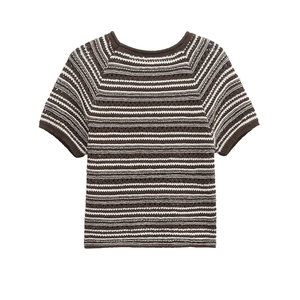 Women's casual short sleeve knit top with brown and white stripes and hollow crochet texture