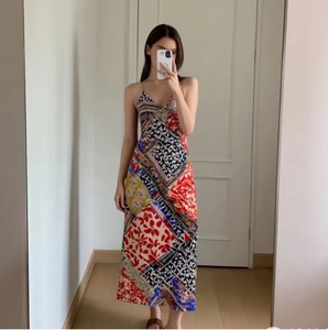 Women's summer V-neck patchwork print camisole midi dress with slim fit and floral patterns