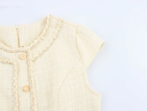 Détail du tissu en tweed avec bordures à franges et boutons en relief dorés de la robe