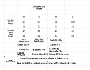 Size chart table for blue embroidered mini dress with fabric details and washing guide