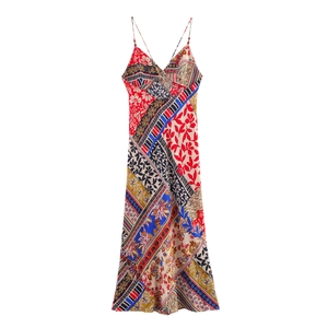 Summer V-neck patchwork print maxi dress with thin straps and colorful patterns