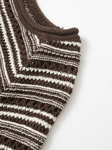 Detailed macro view of crochet wave pattern fabric in dark brown and beige knit
