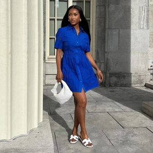 French royal blue embroidered hollow out shirt dress with belt for women