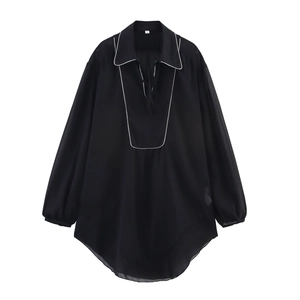 Elegant Black Polyester Long Sleeve Blouse For Women Contrast Piping V-Neck Tie Front Long Shirt Office Casual Work Top