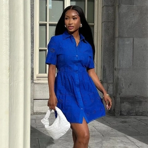Detail of royal blue short-sleeved dress featuring hollow embroidery and front buttons