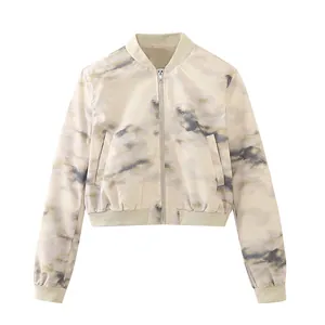 Women's marble print bomber jacket with ribbed trim and zip closure for summer 2025