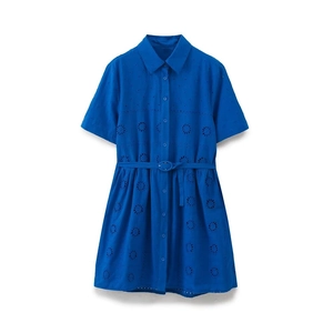 French blue short sleeve dress with eyelet floral embroidery and matching waist belt
