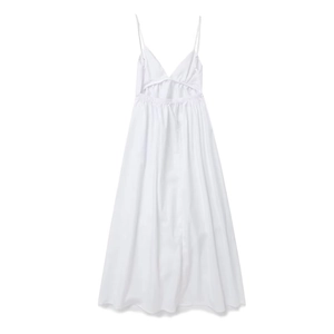 Detail of white V-neck dress with thin straps, open back and elastic shirred waist