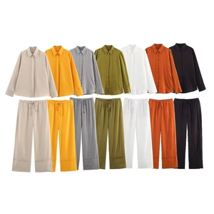 Haut de Chemise Décontracté à Manches Longues pour Femmes et Pantalon Droit à Jambes Larges en Polyester Uni