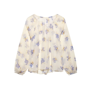 Bohemian floral print sheer blouse with puff long sleeves and elastic cuffs on white back