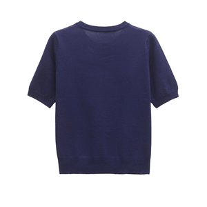 Macro detail of navy blue short-sleeved knit top showing ribbed cuffs and textured fabric