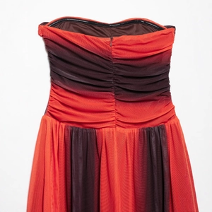 Red and brown gradient mesh tube dress with ruched details and invisible back zipper