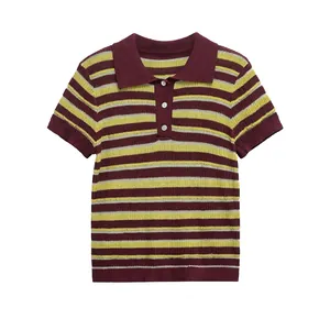 Women Retro Striped Knit Polo Shirt Short Sleeve Button Ribbed Slim Fit Short Top Casual Streetwear Contrast Color Polo Tee