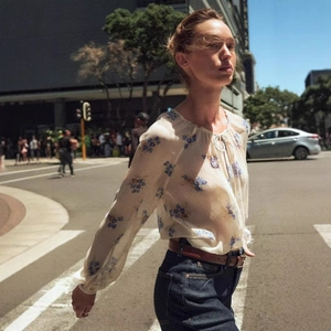 Women's 2025 spring boho loose floral print semi-sheer chiffon blouse with tie neck