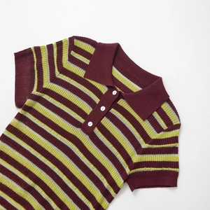 Women's summer knit polo shirt with burgundy and lime horizontal stripes and button collar