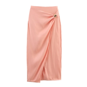 Elegant Women Satin Midi Skirt With Gold Buckle High Waist Wrap Style Solid Pink Satiny Asymmetric Hem Sexy Streetwear