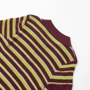 Vertical rib knit polo shirt with vibrant burgundy and lime green horizontal stripes