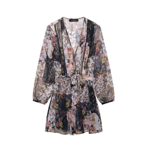 Robe en Mousseline à Manches Longues à Fleurs Rétro Rayures Métalliques Lurex Col en V Robe Courte Élégante en Ligne A
