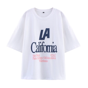 Women Casual White T-Shirt American Retro LA California Letter Print Round Neck Short Sleeve Cotton Blend Oversized Top