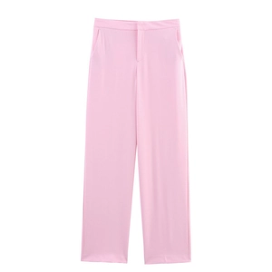 Elegant light pink high-waisted wide-leg suit trousers for women with a sharp center crease