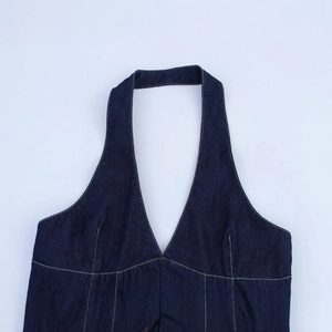Robe licou en jean bleu foncé pour femme avec coutures contrastées et col en V
