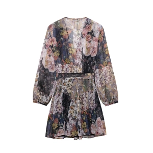Robe longue fleurie vintage pour femmes avec imprimé rétro et manches bouffantes