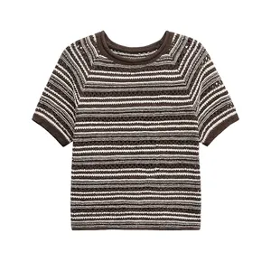 Women's Casual Stripe Knit T-Shirt Hollow Out Crochet Round Neck Short Sleeve Top Brown White Striped Button Knitwear