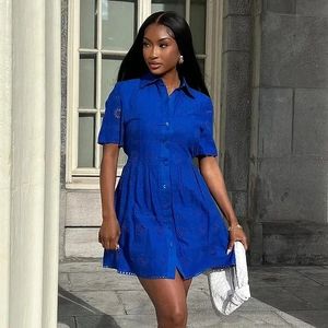 Women Eyelet Embroidery Short Sleeve Shirt Dress French Vintage Royal Blue Cotton Blend Belted Button Down Mini Dress