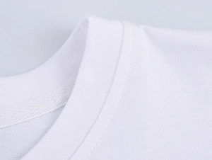 Detail shot of a white crew neck T-shirt featuring double-needle stitching and reinforced collar