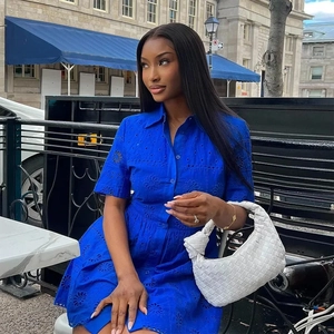 French style navy blue short sleeve shirt dress with floral embroidery and waist belt