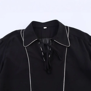 Women's black longline shirt with white contrast stitching and tie-neck detail, size S