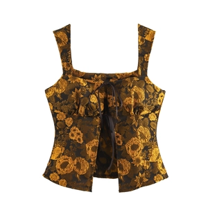 Vintage jacquard camisole top with floral pattern and front drawstring detail