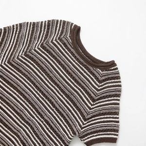 Women's brown and white striped open-knit short sleeve top with round neck