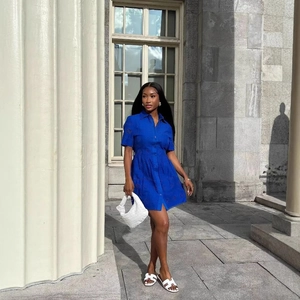 Royal blue short sleeve midi dress with hollow embroidery and button-up lapel collar